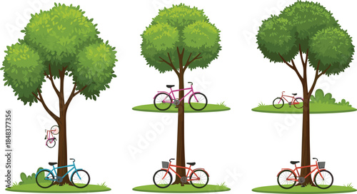 Beautiful bicycle trees illustration, colorful bikes leaning on tree trunks, nature park landscape vector design, creative outdoor eco-friendly transport artwork