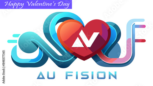Happy Valentine's Day abstract fusion art with heart and au fusion text, wave and pipe elements, modern love concept.