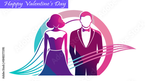 Happy Valentine's Day, silhouette of a couple, man and woman in formal wear, gradient wave element, romantic celebration.