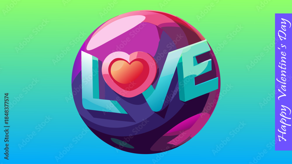 Obraz premium Happy Valentine's Day message on a gradient background with a glossy purple sphere featuring the word 