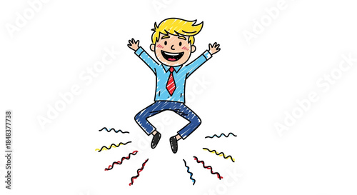 Excited cartoon man jumping with joy and enthusiasm.