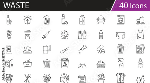Household waste and recycling icons set, trash bin, cleaning supplies, food waste, plastic items, eco disposal, vector illustration