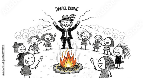 Daniel Boone and children around campfire roasting marshmallows.