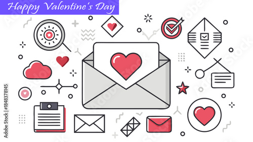 Valentine's day love message notification envelope with heart mail communication line art icon set for digital media vector illustration. 
