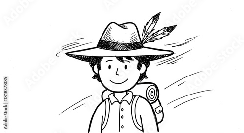 Illustration of a Boy Scout with Backpack and Feathered Hat.