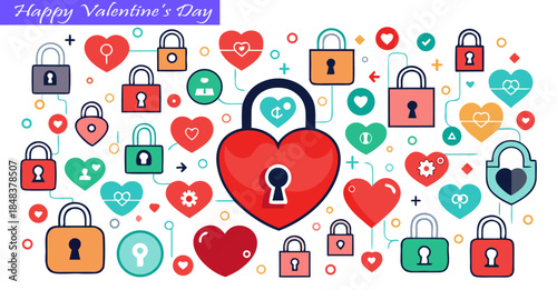 Valentine's Day lock and key collection with heart shapes representing love, security, and connection in diverse colors vector illustration. 