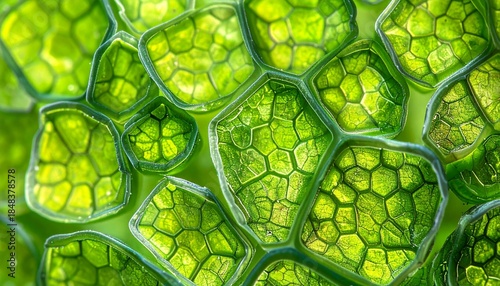 Microscopic view of green plant cells structure with chloroplasts and cell walls