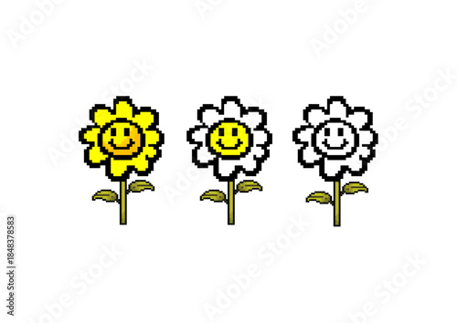 Three pixel flowers with smiling faces, two yellow and one white, in a row on a white background, mixing cute retro game style with cheerful design.