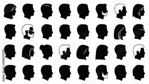 Collection of diverse human head silhouettes in profile view.