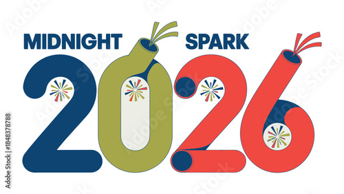 Midnight Spark 2026: An eye-catching graphic design for 2026, featuring a creative interpretation of the year with fireworks. Suitable for New Year's or celebratory events.