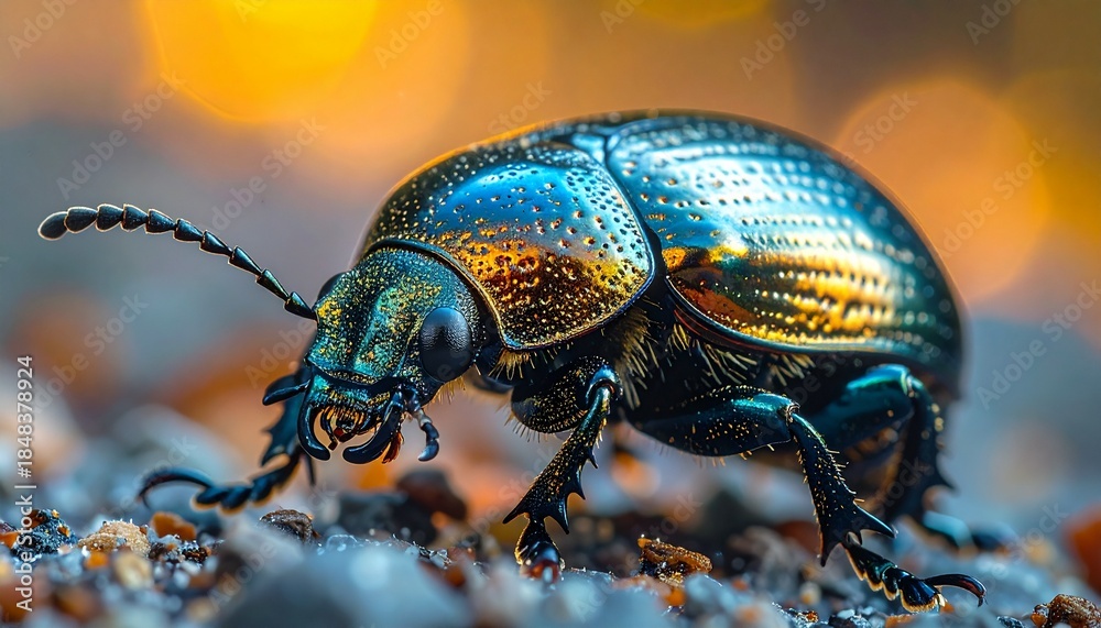 Fototapeta premium A close-up macro shot of a metallic iridescent beetle reveals details of its shell.