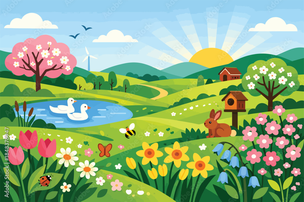 Fototapeta premium Fresh Spring Season Illustration With Blooming Flowers Green Leaves Soft Nature Growth And Renewal Concept