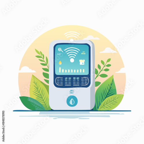 Smart water meter with digital display and green leaves