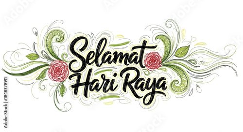 Selamat Hari Raya Calligraphy with Floral Decorations.
