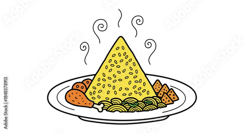 Delicious Steaming Pyramid of Rice with Chicken and Noodles.
