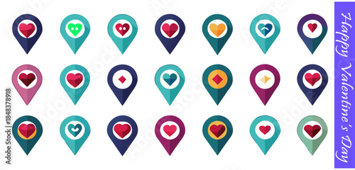 Set of colorful location pointers with heart shape symbols collection of map pins for Valentine's Day or romantic events, vector illustration. 