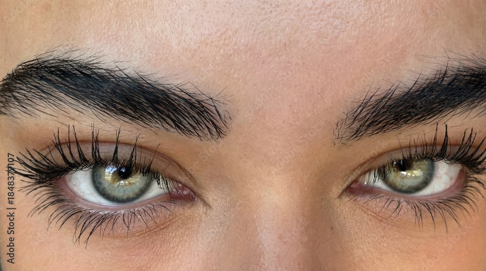Obraz premium Ultra realistic photorealistic close up of female green gray eyes with long eyelashes and natural thick eyebrows 