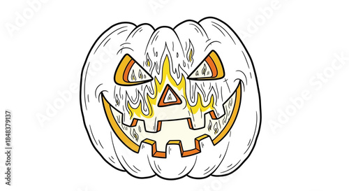 Spooky white pumpkin with carved face for Halloween celebration.