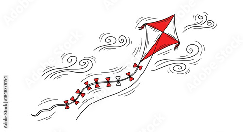 A red and white diamond shaped kite flying high in the sky.