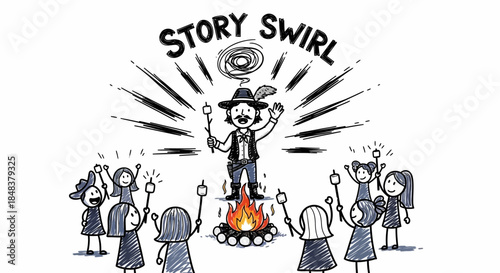 Story Swirl Campfire Storyteller with Children Roasting Marshmallows.