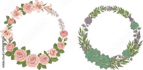 Beautiful Floral Wreaths with Pink Roses and Lilies, Elegant Hand-Drawn Vector Design for Weddings, Spring, and Nature Decor