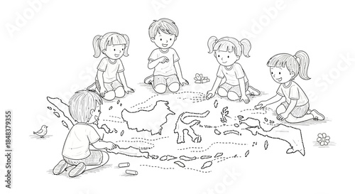 Children learning geography with a map puzzle.
