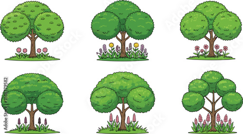 Beautiful green garden trees with colorful flowers and fresh leaves vector illustration set, natural landscape decorative spring summer nature design