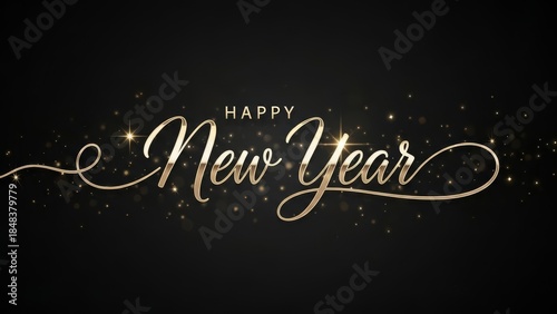 Elegant Happy New Year text with gold glitter and bokeh