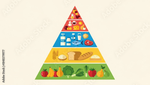 Food Pyramid: A visual representation of a balanced diet, showcasing the recommended proportions of various food groups essential for a healthy lifestyle. 