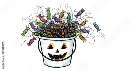 Halloween candy bucket overflowing with colorful wrapped treats.