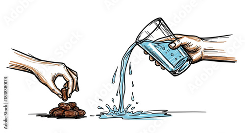 Hand placing dates near spilled water from glass.