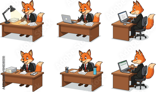 Business fox cartoon character set, anthropomorphic animal working at office desk laptop paperwork professional illustration design collection isolated white background