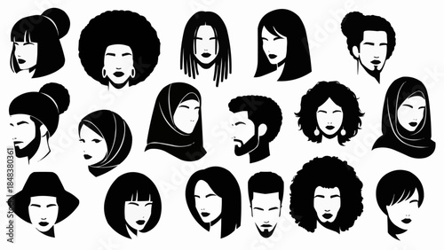 Diverse Collection of Stylized Human Faces and Head Silhouettes.