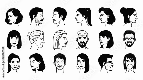 Collection of Diverse Hand Drawn Human Faces in Profile and Frontal Views.