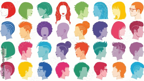 Diverse Collection of Stylized Human Head Silhouettes in Profile.