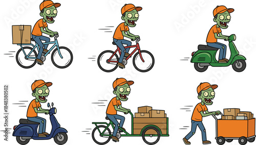 Funny zombie delivery courier cartoon illustration set riding bicycle scooter and pushing cart, humorous undead character design isolated