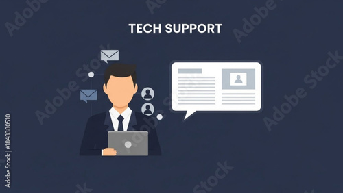 Tech support concept with a businessman holding a laptop and receiving messages representing customer service and online assistance flat vector illustration