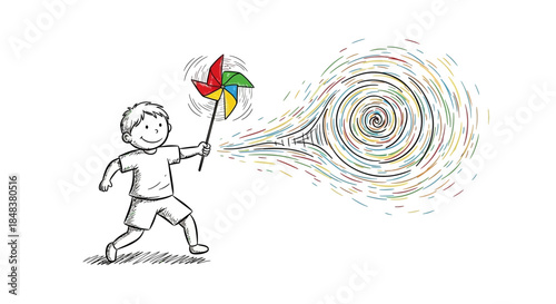 Boy with Pinwheel Creating Wind Vortex Illustration.