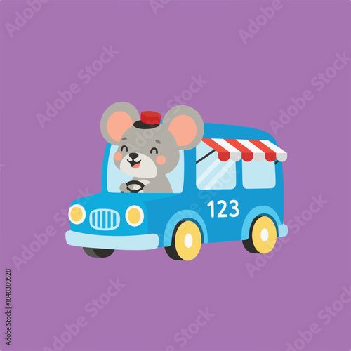 A smiling cartoon mouse in a red hat drives a blue car with a striped awning and '123' on its side, set against a purple background.