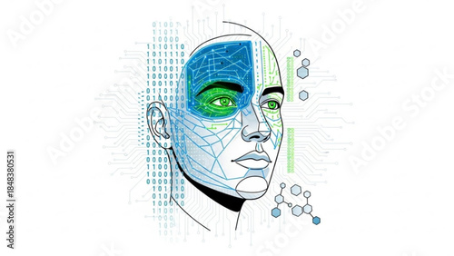Artificial intelligence concept human face with digital network and binary code representing technology and data analysis isolated on white