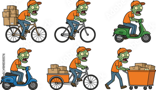 Funny zombie delivery courier cartoon illustration set transporting packages by bicycle scooter and cart, humorous undead worker character