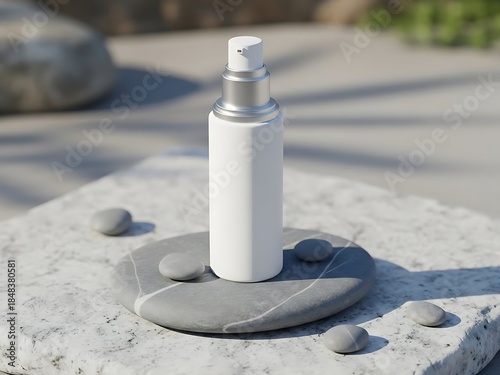 Minimalist white cosmetic bottle with pump dispenser on textured grey stone display with pebbles