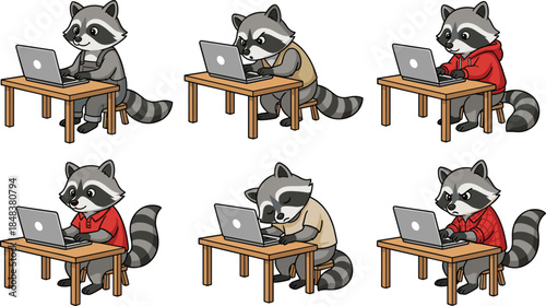 Cute raccoon working on laptop cartoon illustration set, anthropomorphic animal office character design for business and remote work concepts