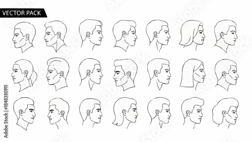 Collection of Diverse Male and Female Head Profiles in Sketch Style.
