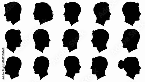Collection of diverse human head silhouettes in profile view.