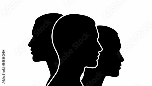 Three Silhouetted Heads in Profile Facing Right.
