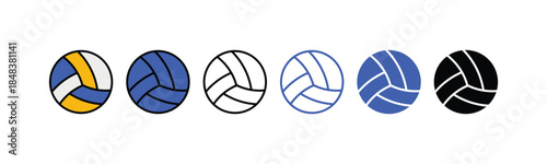 Professional volleyball icon set with colorful, outline, and flat designs for sports equipment and tournament branding