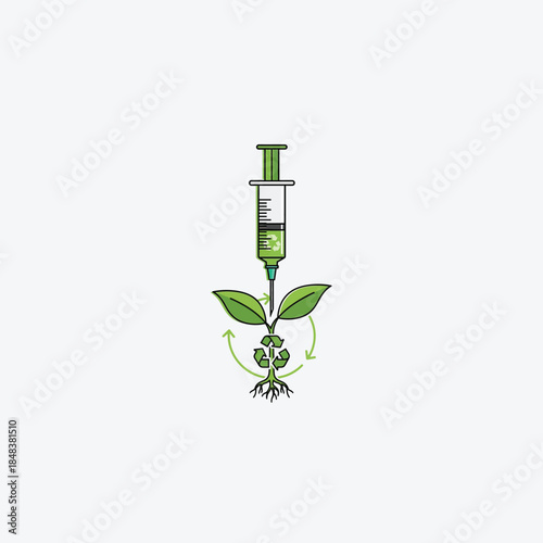 Syringe injecting green liquid into plant with recycle symbol isolated on white background