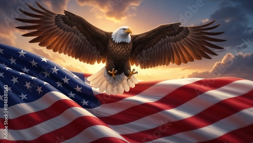 Bald eagle spreading wings over flowing American flag, cinematic heroic illustration with warm sunset light and dramatic clouds