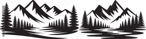 Black mountain and pine forest illustration showing calm nature scenery in minimal style